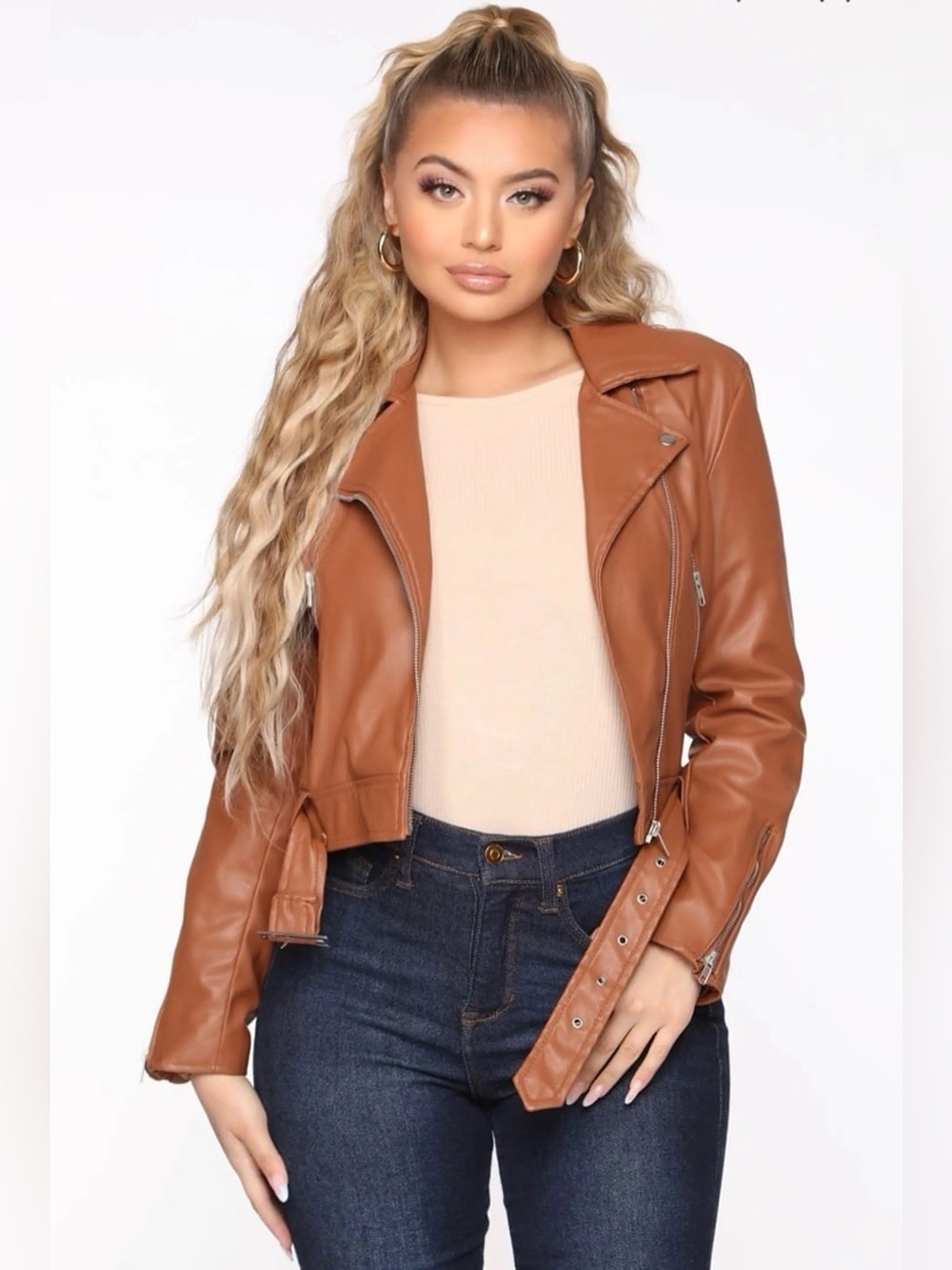 Fashion Nova Brown Faux Leather Moto Jacket - Medium